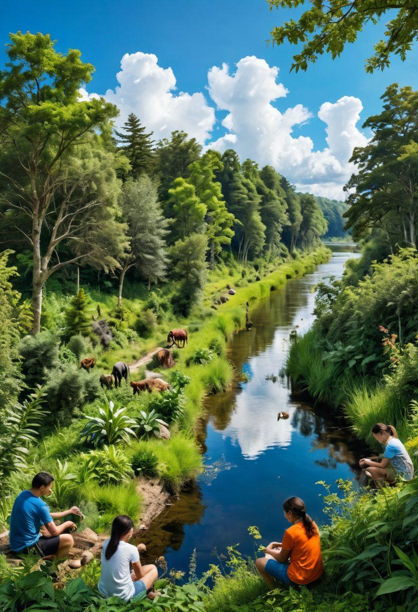 A lush green forest teeming with diverse wildlife, showcasing various species of plants and animals coexisting harmoniously. In the foreground, a diverse group of people of different ages and backgrounds engaged in eco-friendly practices like planting trees and cleaning up a river. The background features a clear blue sky with fluffy white clouds, illustrating a vibrant ecosystem. Bright colors and natural elements to evoke a sense of hope and resilience. super-realistic. vibrant colors.
