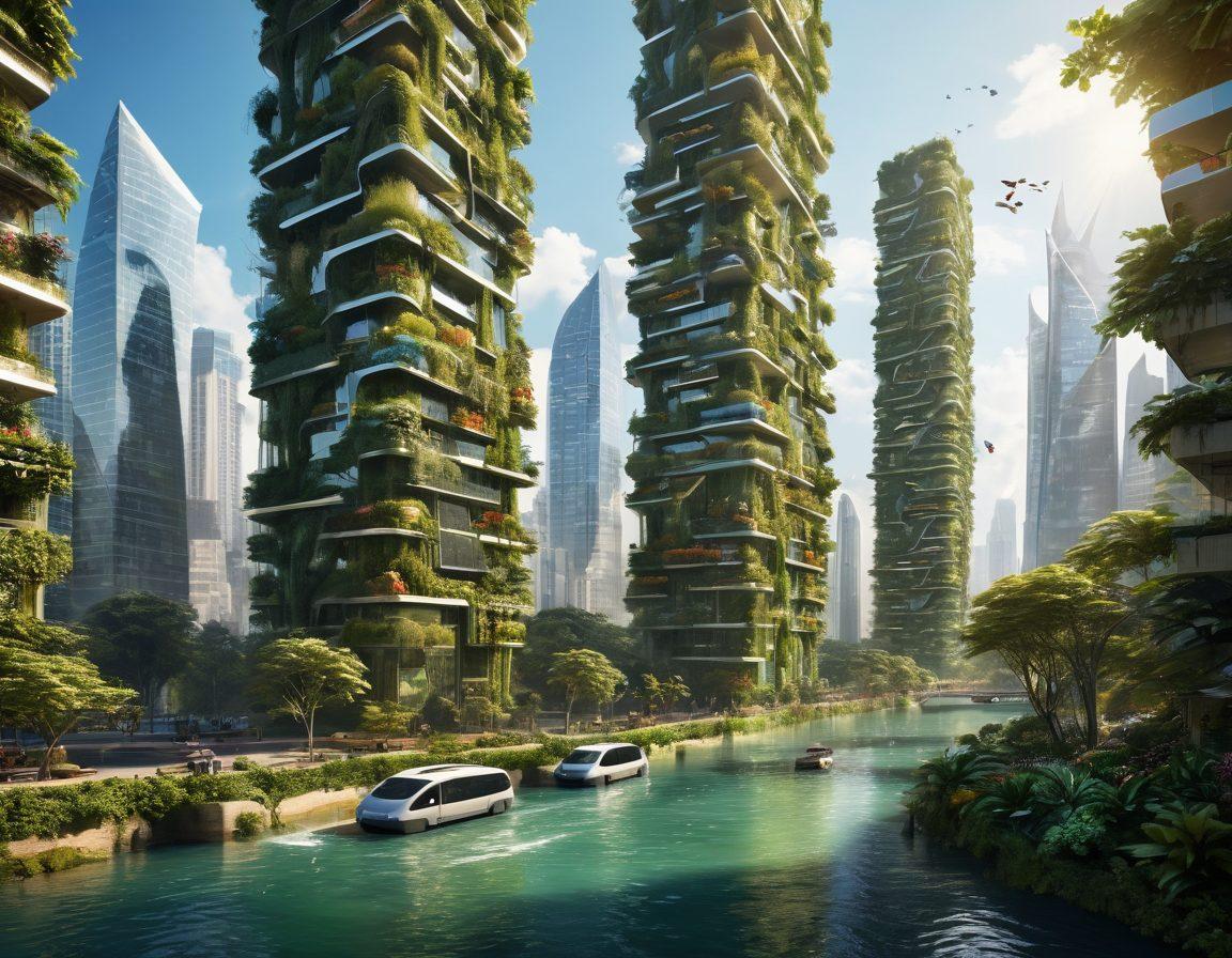A futuristic cityscape with lush vertical gardens integrated into skyscrapers, solar panels glimmering in the sunlight, and clean rivers flowing through the urban environment. Wildlife such as birds and butterflies thrive amidst the technology, showcasing biodiversity. Highlight eco-friendly transportation like electric vehicles and bicycles. Emphasize harmony between nature and innovation. vibrant colors. super-realistic.